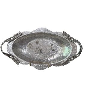 Rodney Kent Hand Wrought Oval Aluminum Tray Handles Tulip Floral Design hammers